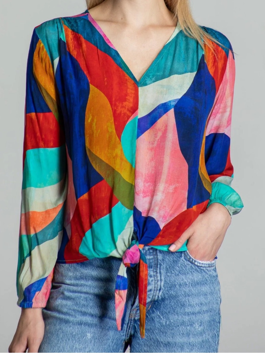 Ap.Ny Colorful Abstract V Neck Tie Front Top
